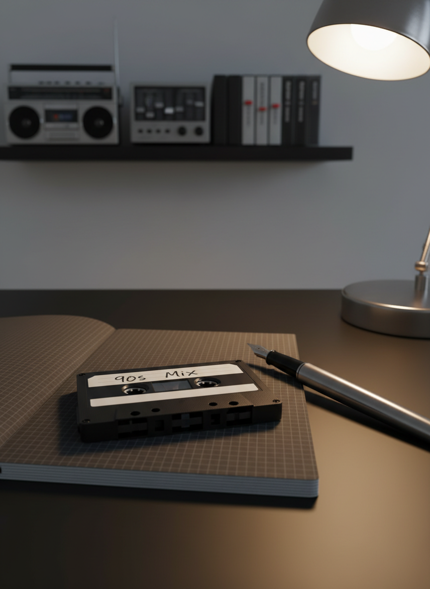 A close-up of a pristine black cassette tape with handwritten white label reading “90s Mix,” resting on a textured charcoal notebook beside a metallic fountain pen. They sit on a matte black desk next to a brushed steel desk lamp whose warm light pools in a circular glow, highlighting the tape’s glossy edges and tiny molded details. In the softly blurred background, a minimalist shelf holds a few retro stereo components and neatly aligned cassette cases. Photographic realism, shot from a low, intimate angle with shallow depth of field, creating an elegant, contemplative mood that mixes analog warmth with a sophisticated, modern workspace.