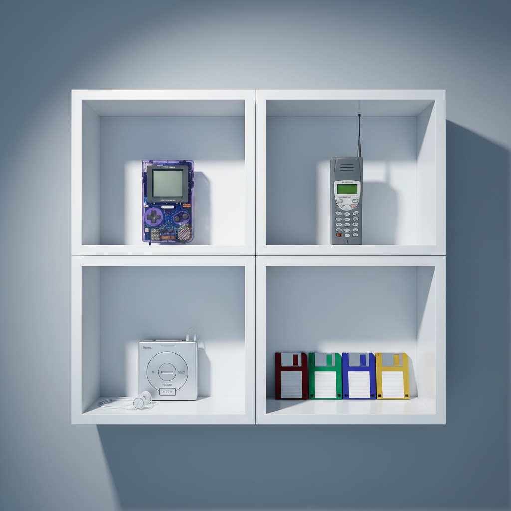 A polished white shelving unit styled like a miniature museum exhibit, each cube displaying a single retro object: a transparent purple handheld console, an original brick-thick mobile phone, a compact Discman with matching wired headphones, and a row of jewel-tone floppy disks. The shelves stand against a cool gray wall, with a subtle gradient wash from directional gallery-style spotlights above, casting soft, defined shadows beneath each item. Shot straight-on with photographic realism and precise, sharp focus, the composition is perfectly symmetrical and minimalist. The atmosphere feels curated and intellectual, transforming playful 90s and earlier tech into sophisticated design artifacts within a clean modern interior.
