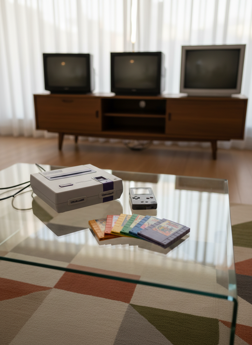 An immaculate glass coffee table in a minimalist living room, holding a perfectly preserved gray Super Nintendo console, a dark charcoal Game Boy Color, and a carefully fanned-out set of vibrant game cartridges. The table sits on a low-pile geometric rug in muted earth tones, with a sleek mid-century media console in the softly blurred background, lined neatly with CRT televisions, each powered off. Late afternoon golden light filters through tall sheer curtains, creating elegant reflections on the glass and plastic surfaces. Photographic realism, shot from a slightly elevated angle using the rule of thirds, with a calm, curated atmosphere that blends retro nostalgia with refined, modern interior design.