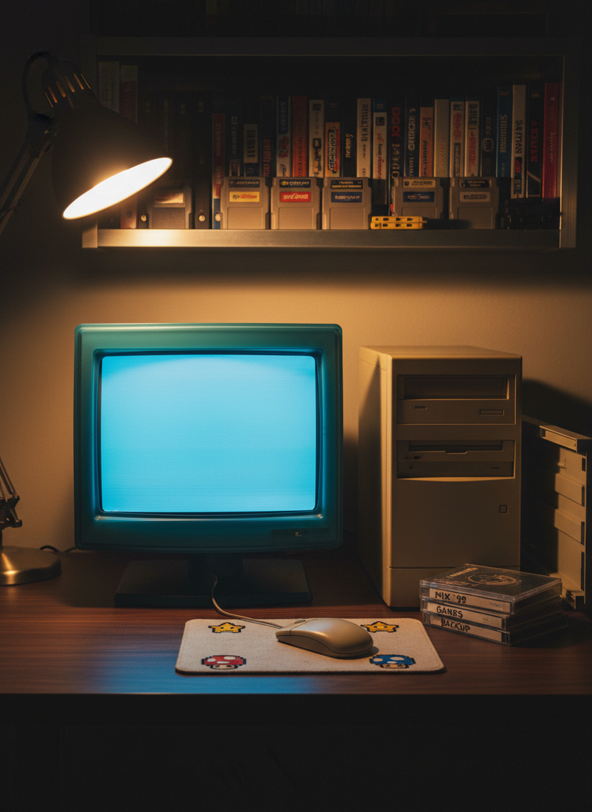 A carefully arranged still life of retro tech on a dark walnut desk: a translucent teal CRT monitor glowing softly, a chunky beige tower PC, a wired ball mouse on a faded mousepad featuring pixel art, and a stack of jewel-case CDs with handwritten labels. Behind them, a brushed aluminum shelf holds neatly stacked VHS tapes and game cartridges. Warm desk lamp light and the cool bluish glow from the CRT mix together, casting gentle overlapping shadows. Shot at eye level with a shallow depth of field so the monitor and mouse are in crisp focus while the background softly blurs. The mood is sophisticated yet nostalgic, photographic realism with rich, subdued colors and a clean, modern composition.