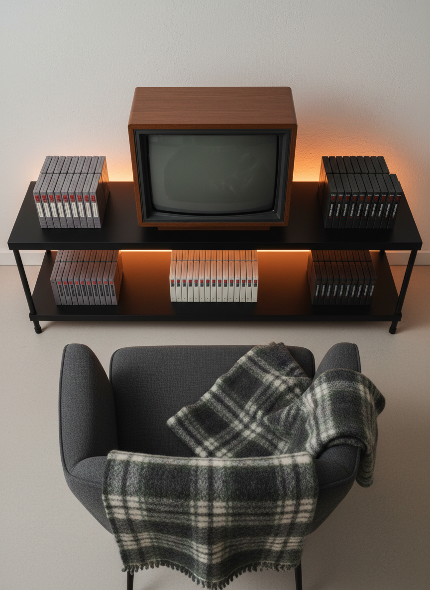 An overhead photographic view of a meticulously organized retro gaming nook: a small, perfectly square CRT television with wooden side panels centered on a sleek black metal stand, framed by symmetrically stacked NES, SNES, and N64 cartridges sorted by color value. A folded wool blanket in understated plaid rests on a low, deep gray armchair that faces the TV at a slight angle. Ambient LED lighting in soft amber washes the wall, creating a gentle halo behind the CRT’s curved screen. The mood is cozy yet polished, with sharp focus across the scene, balanced composition, and a refined color palette that reimagines 90s nostalgia through a grown-up, design-conscious lens.