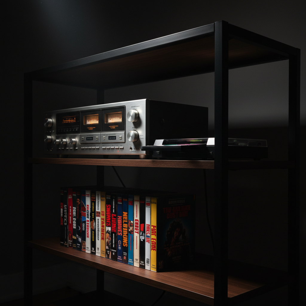 A dark, moody media shelf with matte black metal framing and deep walnut wood, holding a precisely organized 90s home audio setup: a brushed aluminum stereo receiver, dual cassette deck with tiny glowing VU meters, and a single-disc CD player with its tray partially open revealing a reflective disc. On the shelf below, VHS tapes with bold, colorful spines are lined up by height. A single, narrow-beam spotlight from above creates dramatic highlights along the metal edges and subtle reflections on the plastic cassette windows. Photographic realism with a cinematic, low-key lighting scheme, shot at a slight side angle to emphasize depth, evoking a sophisticated, almost archival reverence for analog media.
