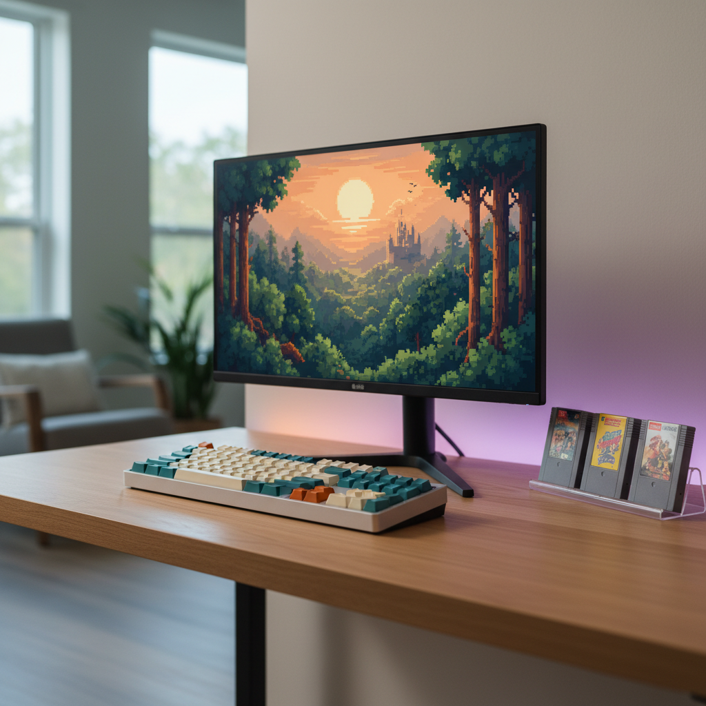 A sleek, modern desk setup featuring a contemporary ultra-thin monitor that displays a crisp, full-screen pixel art landscape reminiscent of 16-bit games. In front of it, a mechanical keyboard with retro-inspired keycaps in muted teal, cream, and burnt orange sits on a smooth oak desktop. To the side, a small acrylic stand holds three mint-condition game cartridges. Cool, diffused daylight from a nearby window mixes with a subtle LED strip under the desk edge, creating a soft gradient along the wall. Photographic realism, shot from a three-quarter angle with shallow depth of field, conveys a thoughtful blend of present-day minimalism and subtle, sophisticated retro nostalgia.